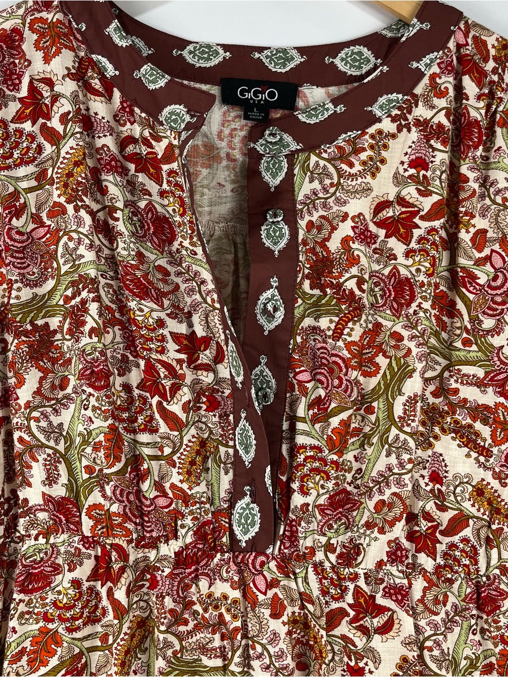 GiGiO Boho Paisley Floral Tiered Dress Puff Sleeve Pockets L - Picture 3 of 12